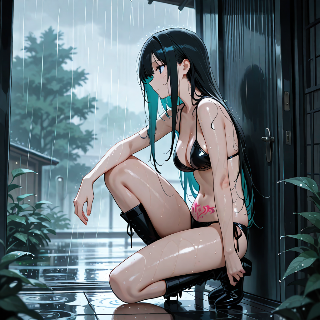 立て膝, 淫紋, 雨, ロングヘア