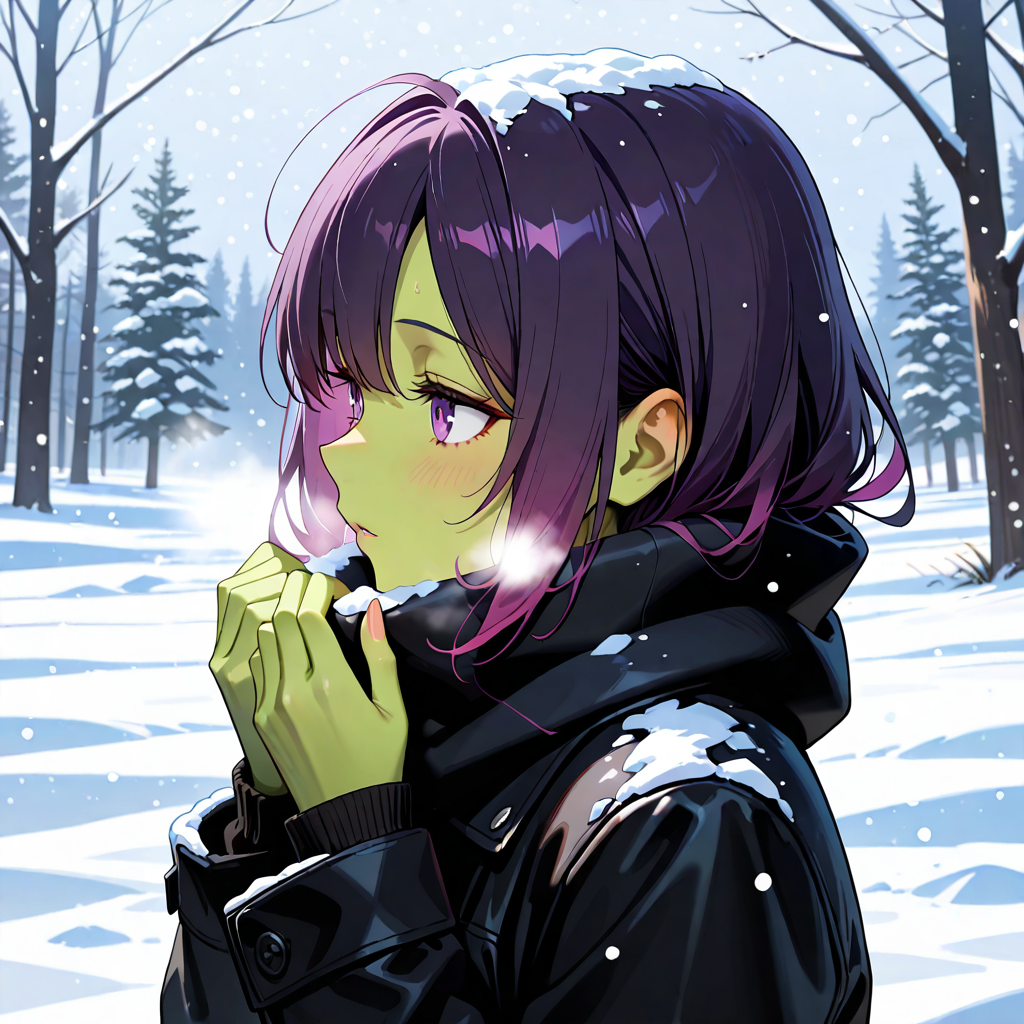 緑肌, 雪, 紫髪, 黒