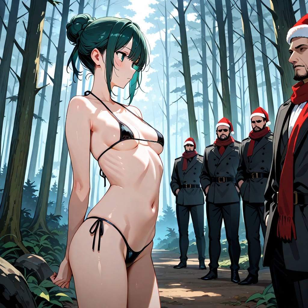 肋骨, マイクロビキニ, お団子ヘア, クリスマス, 森, 男性複数