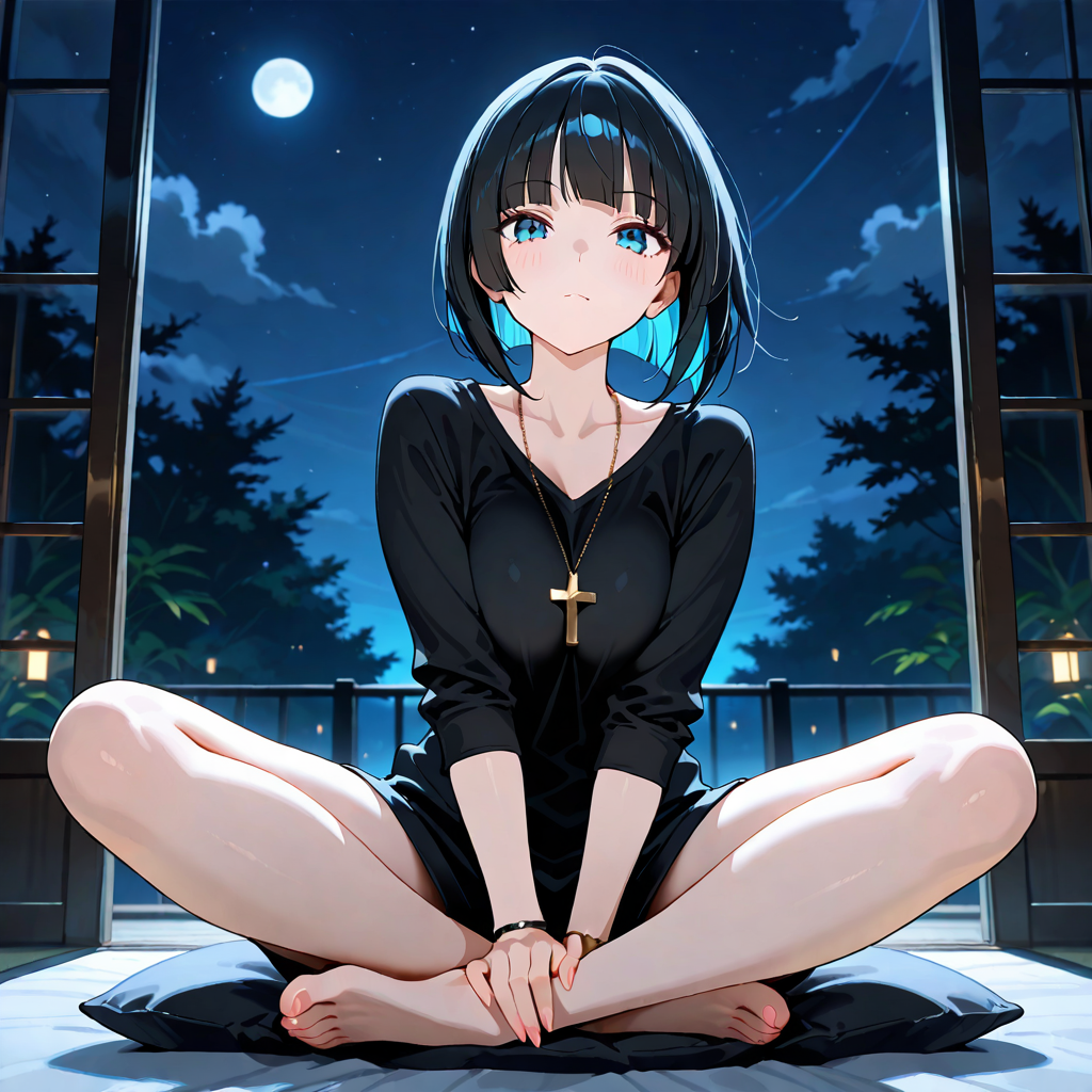 夜, おかっぱ, あぐら
