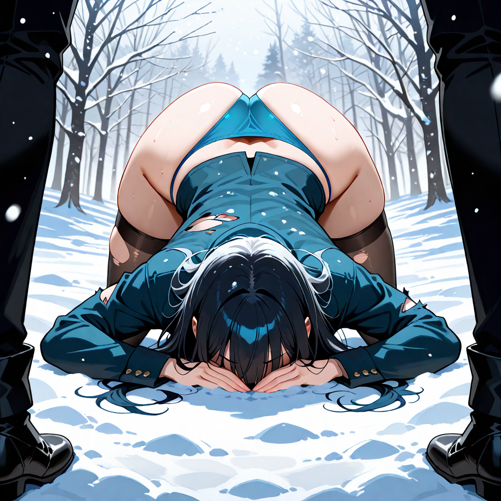 服破れ, 男性1人, 土下座, ニーソックス, 雪