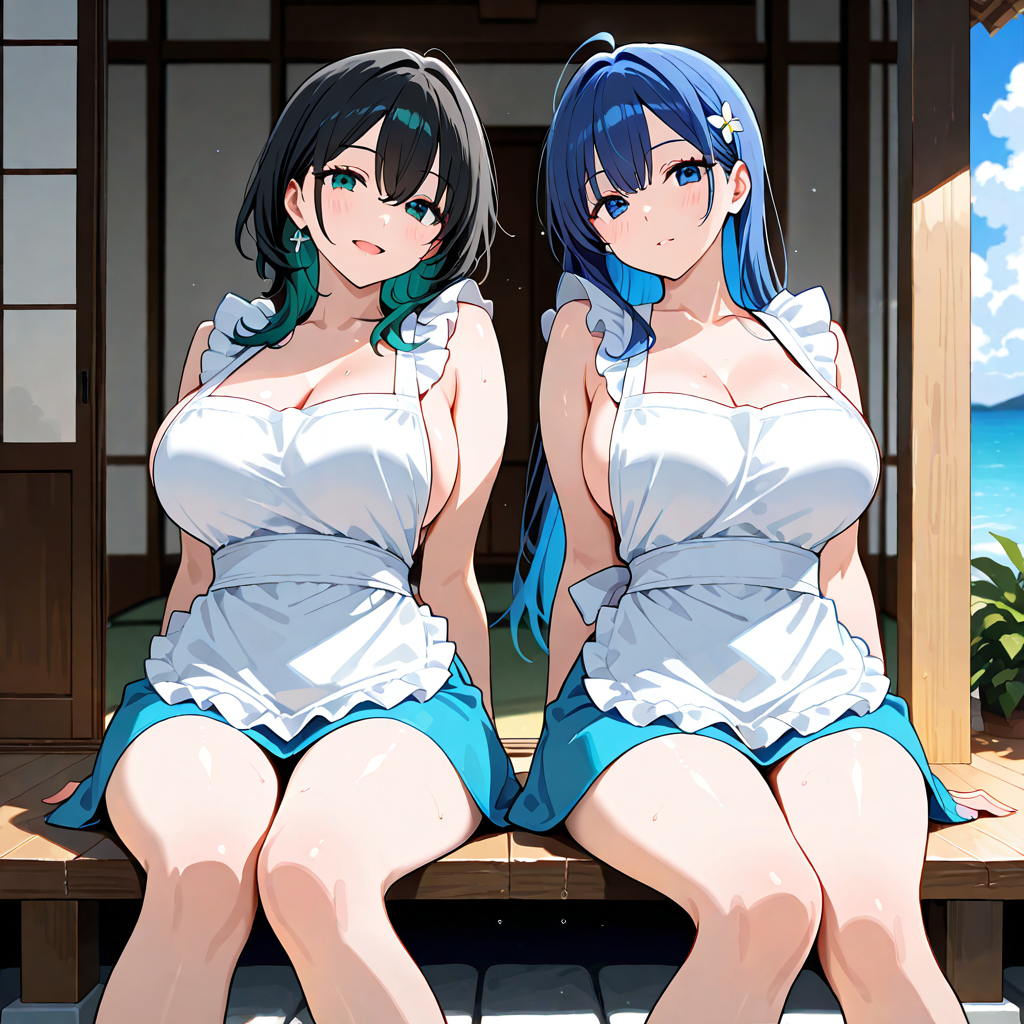 夏, 女性複数, エプロン