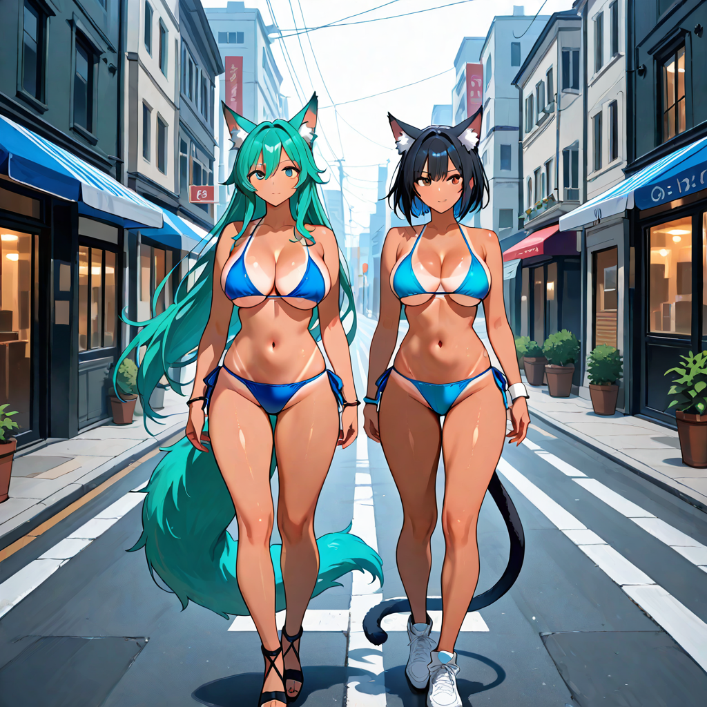 女性複数, 尻尾, 日焼け跡, 道路