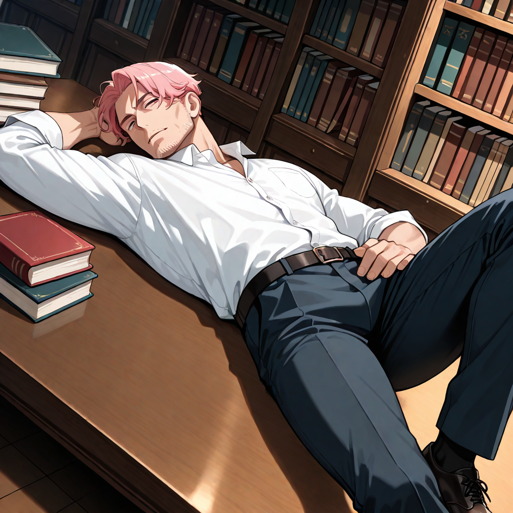 On Back, 1 Man, Pink hair, Library