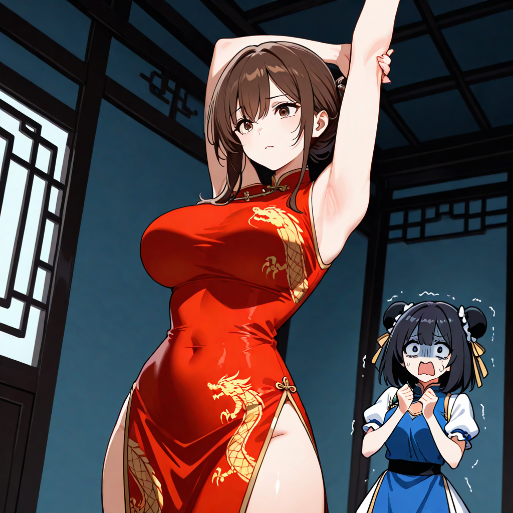 チャイナドレス, 女性複数, 背伸び, 怯え