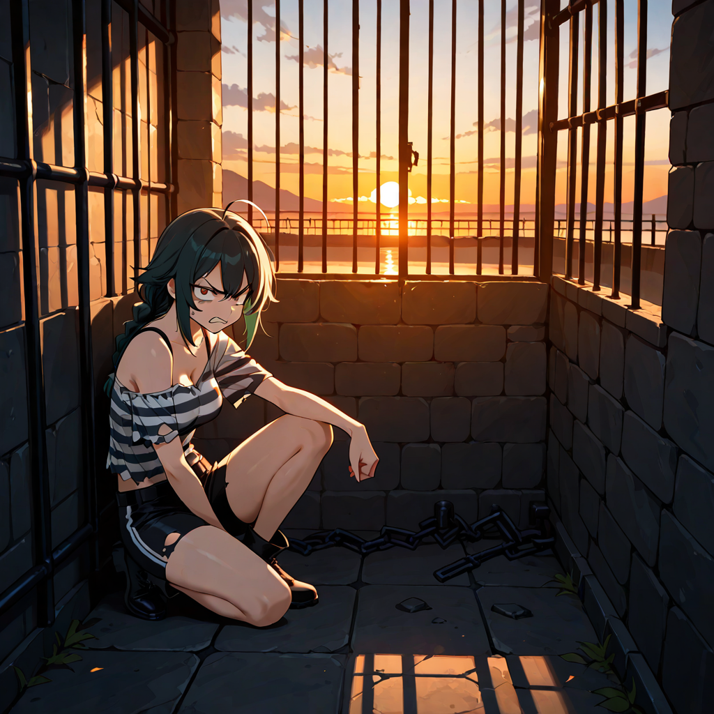 服破れ, 夏, 立て膝, 夕, 怒り, 牢