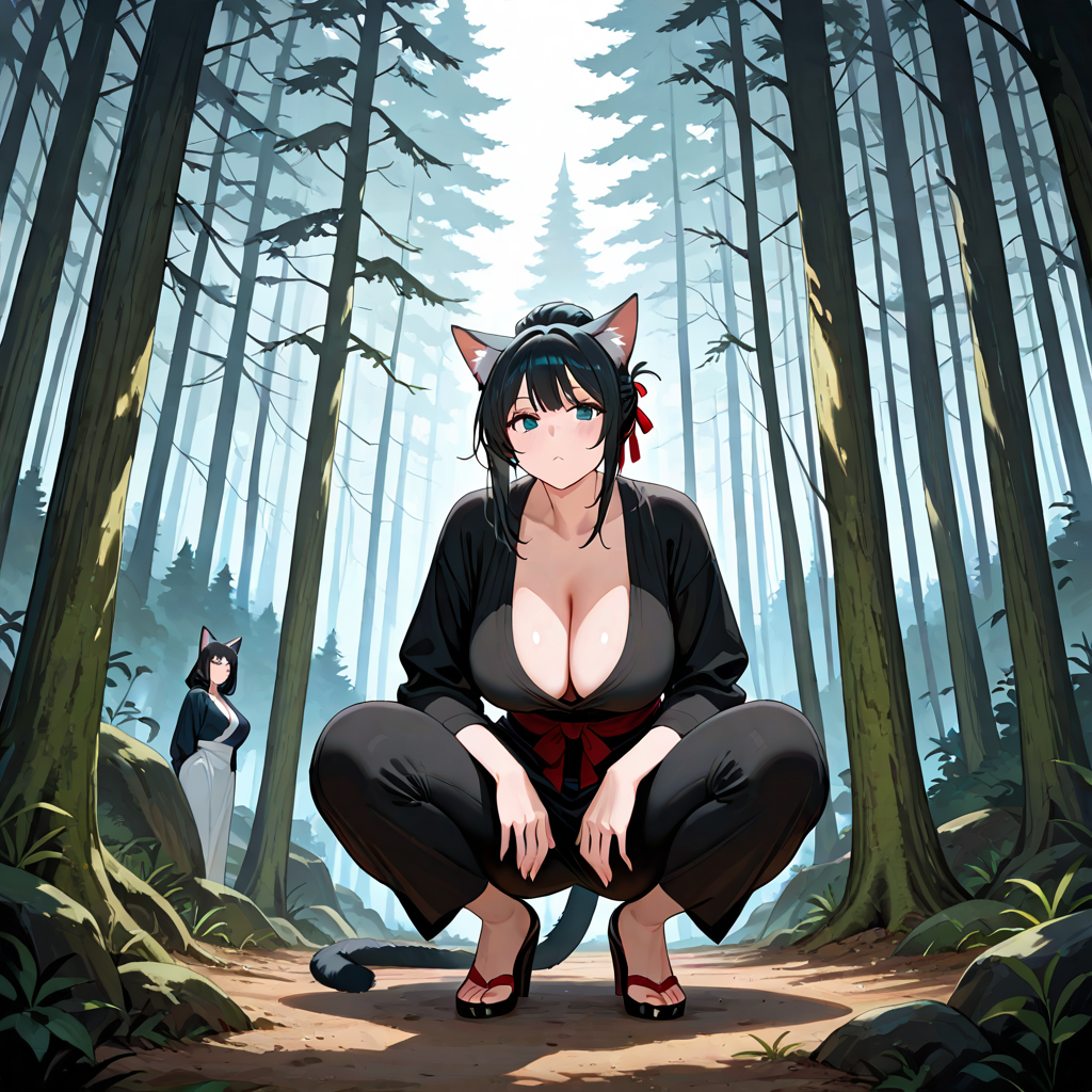 猫耳, 女性複数, 剛毛, お団子ヘア, 森, しゃがむ