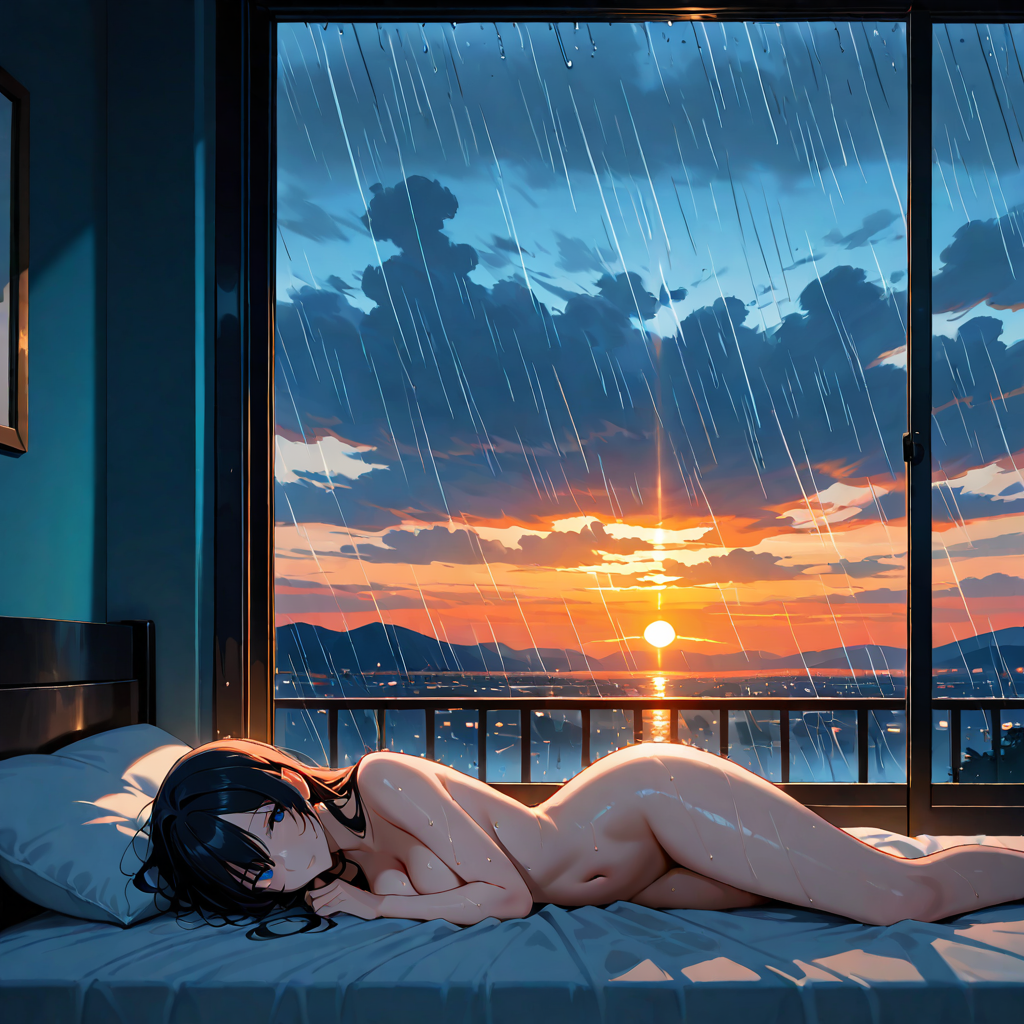 雨, 夕, ベッド, 下半身脱衣