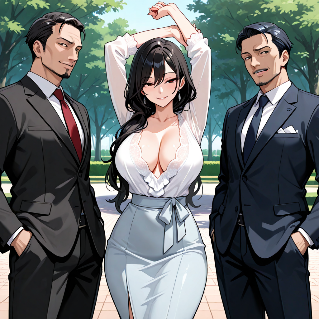 女性1人＋男性複数, 背伸び, 誘惑, 公園