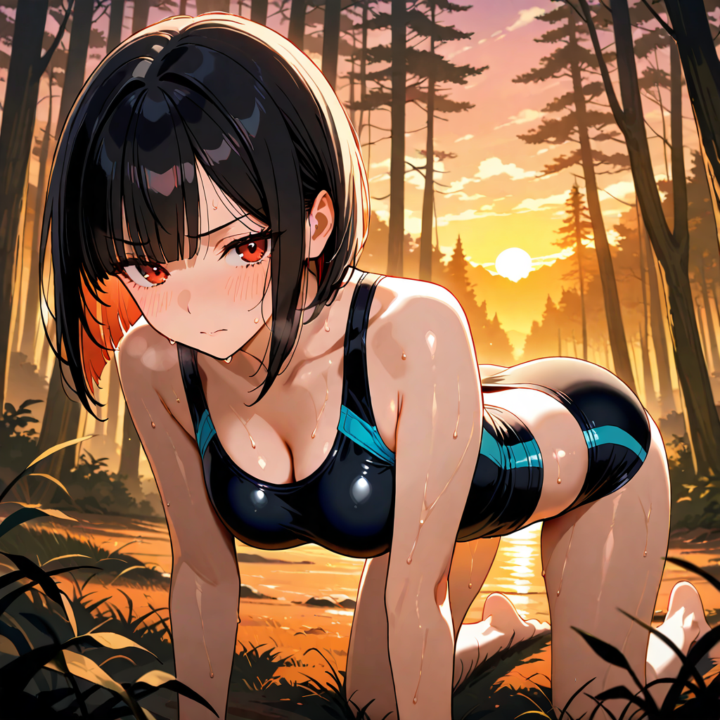 おかっぱ, 夕, 高身長, 汗, 森, 四つん這い
